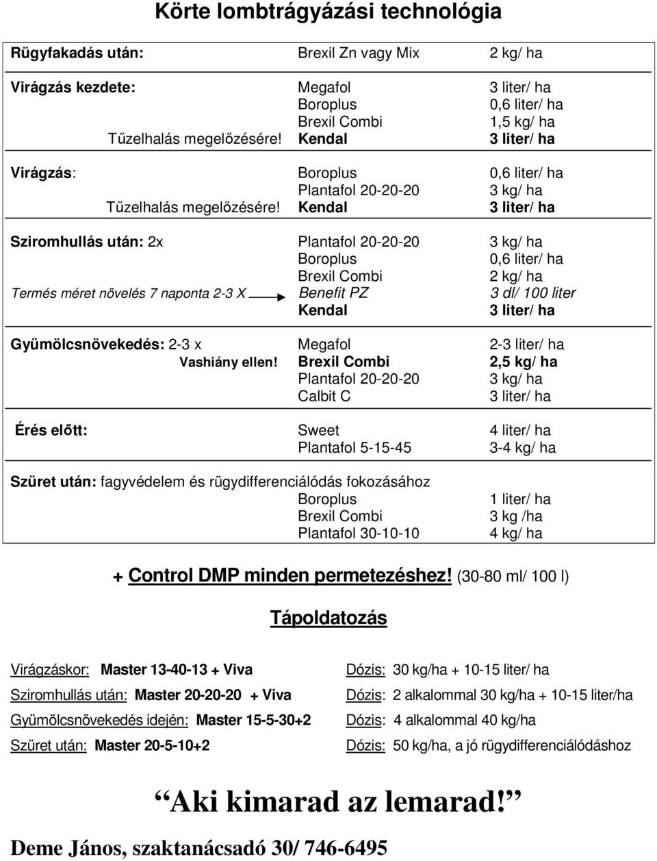 2,5 kg/ ha Calbit C Érés elıtt: Sweet 4 liter/ ha Plantafol 5-15-45 3-4 kg/ ha Szüret után: fagyvédelem és rügydifferenciálódás fokozásához Plantafol 30-10-10 1 liter/ ha 3 kg /ha 4 kg/ ha