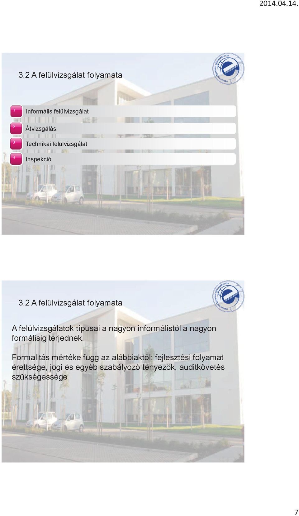 2 A felülvizsgálat folyamata A felülvizsgálatok típusai a nagyon informálistól a nagyon