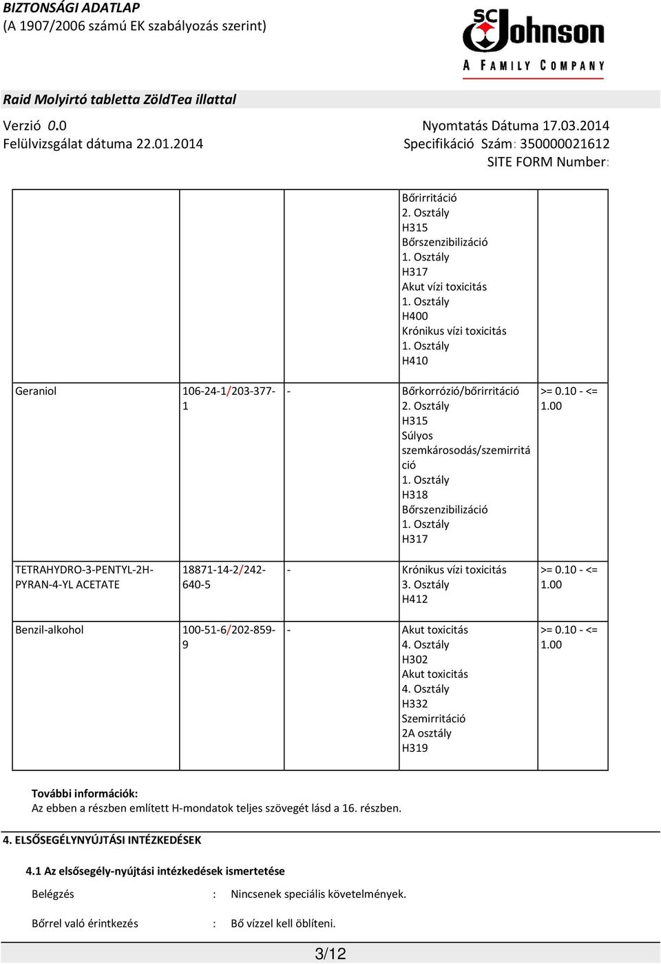 Osztály H412 >= 0.10 - <= 1.00 Benzil-alkohol 100-51-6/202-859- 9 - Akut toxicitás 4. Osztály H302 Akut toxicitás 4. Osztály H332 Szemirritáció 2A osztály H319 >= 0.10 - <= 1.00 További információk: Az ebben a részben említett H-mondatok teljes szövegét lásd a 16.