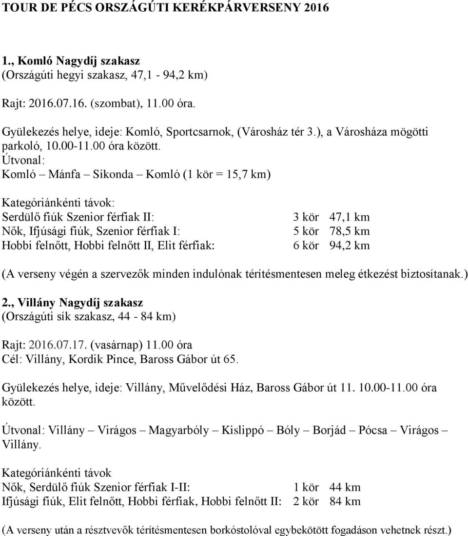 Útvonal: Komló Mánfa Sikonda Komló (1 kör = 15,7 km) Kategóriánkénti távok: Serdülő fiúk Szenior férfiak II: Nők, Ifjúsági fiúk, Szenior férfiak I: Hobbi felnőtt, Hobbi felnőtt II, Elit férfiak: 3
