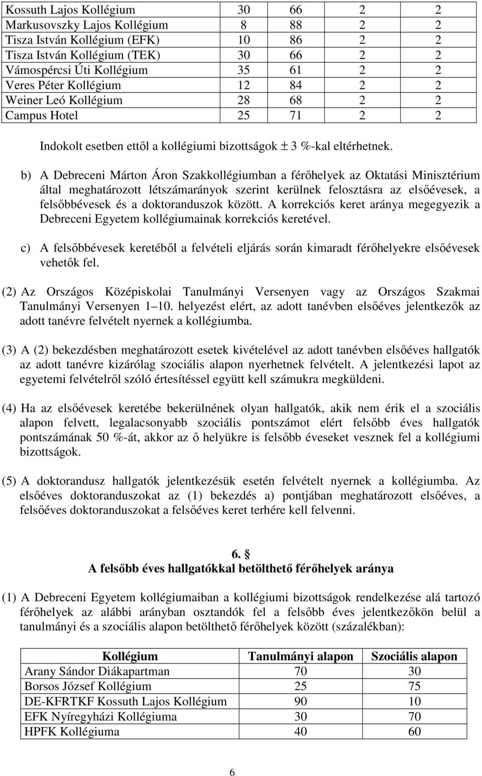 b) A Debreceni Márton Áron Szakkollégiumban a férőhelyek az Oktatási Minisztérium által meghatározott létszámarányok szerint kerülnek felosztásra az elsőévesek, a felsőbbévesek és a doktoranduszok