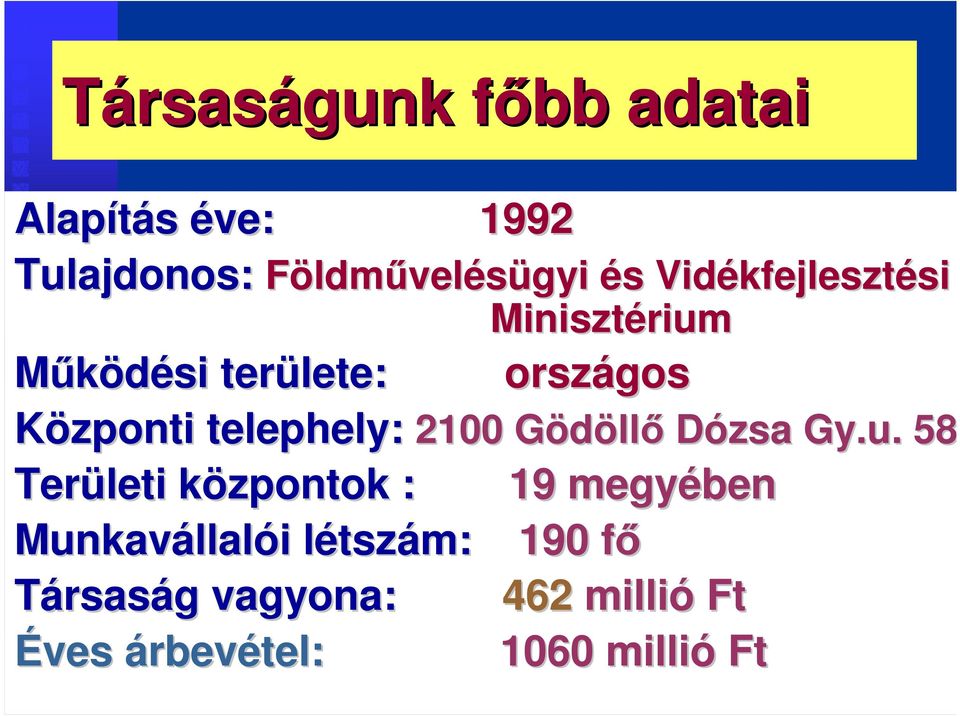 2100 Gödöllı Dózsa Területi központok : 19 megyében Munkavállalói létszám: 190 fı