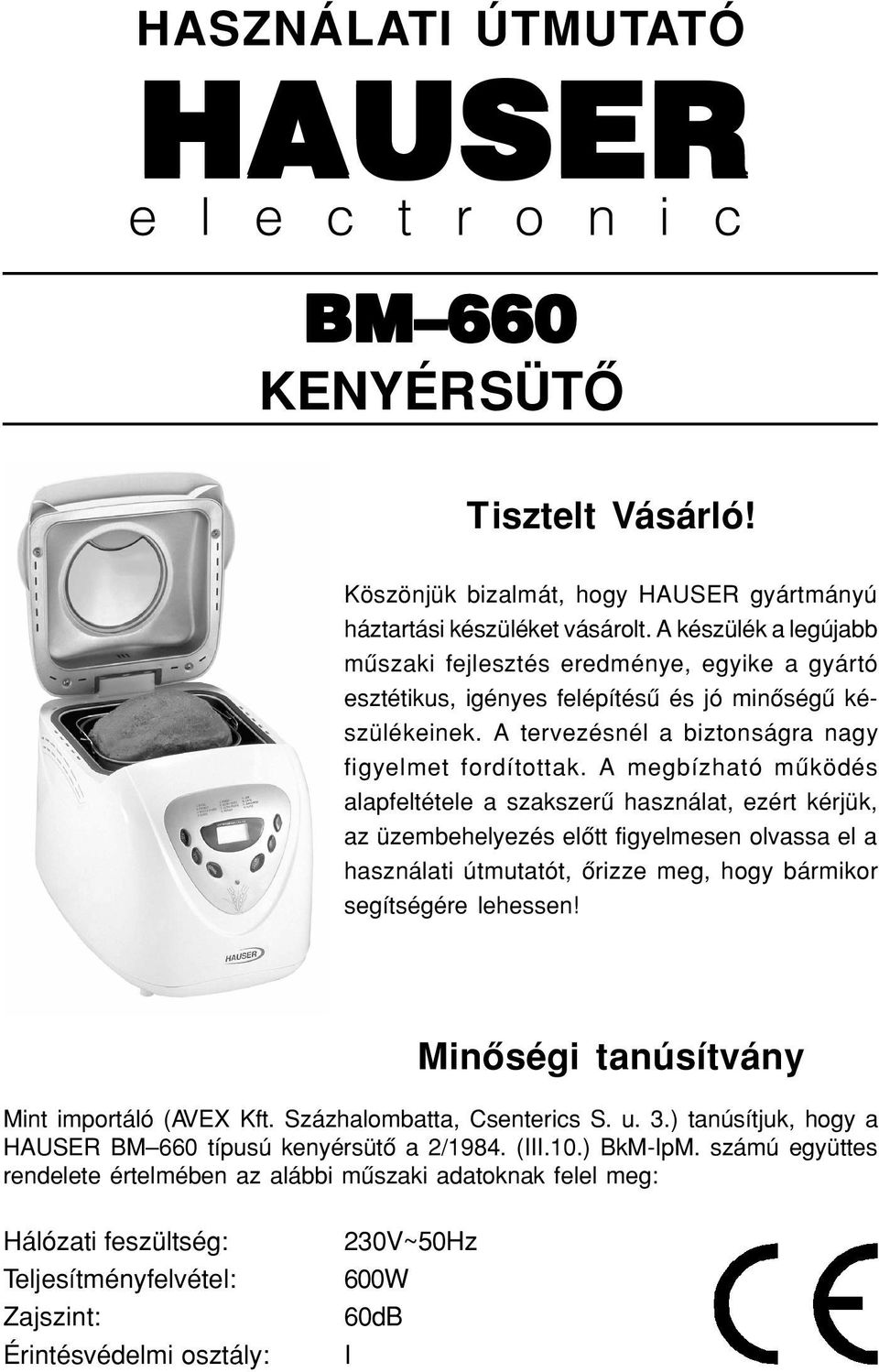 HASZNÁLATI ÚTMUTATÓ HAUSER BM 660 KENYÉRSÜTÔ - PDF Ingyenes letöltés