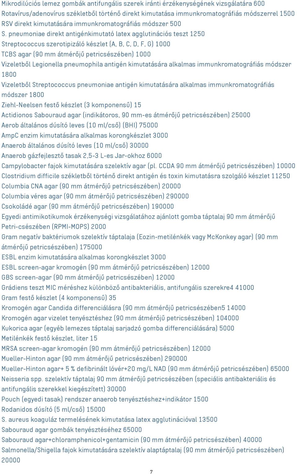 pneumoniae direkt antigénkimutató latex agglutinációs teszt 1250 Streptococcus szerotipizáló készlet (A, B, C, D, F, G) 1000 TCBS agar (90 mm átmérőjű petricsészében) 1000 Vizeletből Legionella