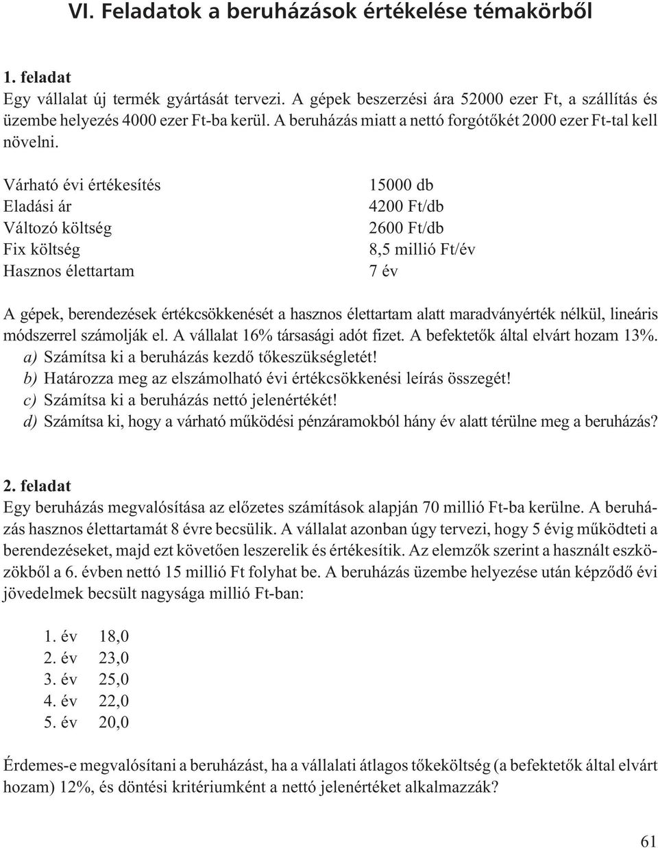 Várható évi értékesítés Eladási ár Változó költség Fix költség Hasznos élettartam 5000 db 4200 Ft/db 2600 Ft/db 8,5 millió Ft/év 7 év A gépek, berendezések értékcsökkenését a hasznos élettartam alatt