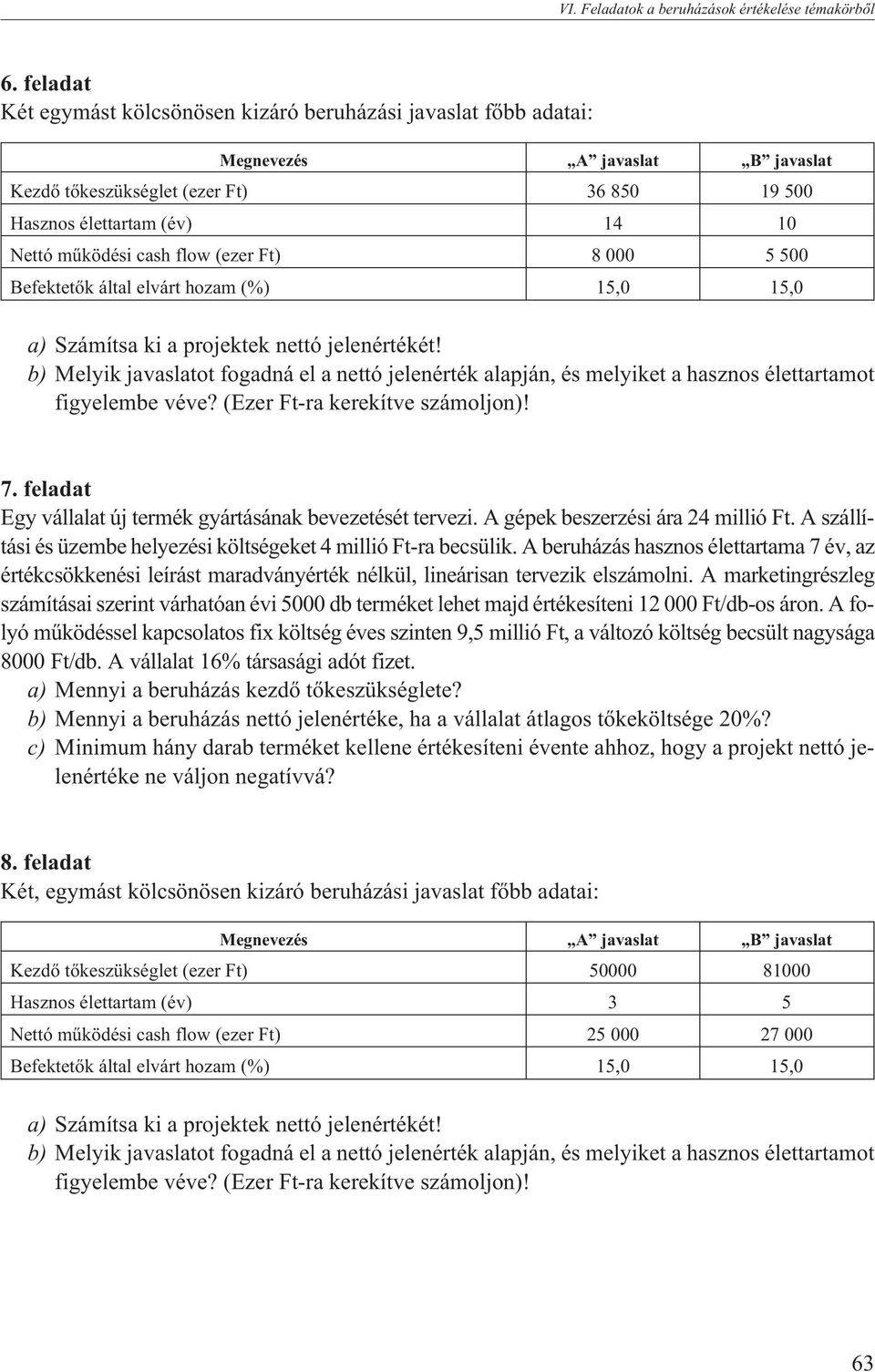 flow (ezer Ft) 8 000 5 500 Befektetõk által elvárt hozam (%) 5,0 5,0 a) Számítsa ki a projektek nettó jelenértékét!