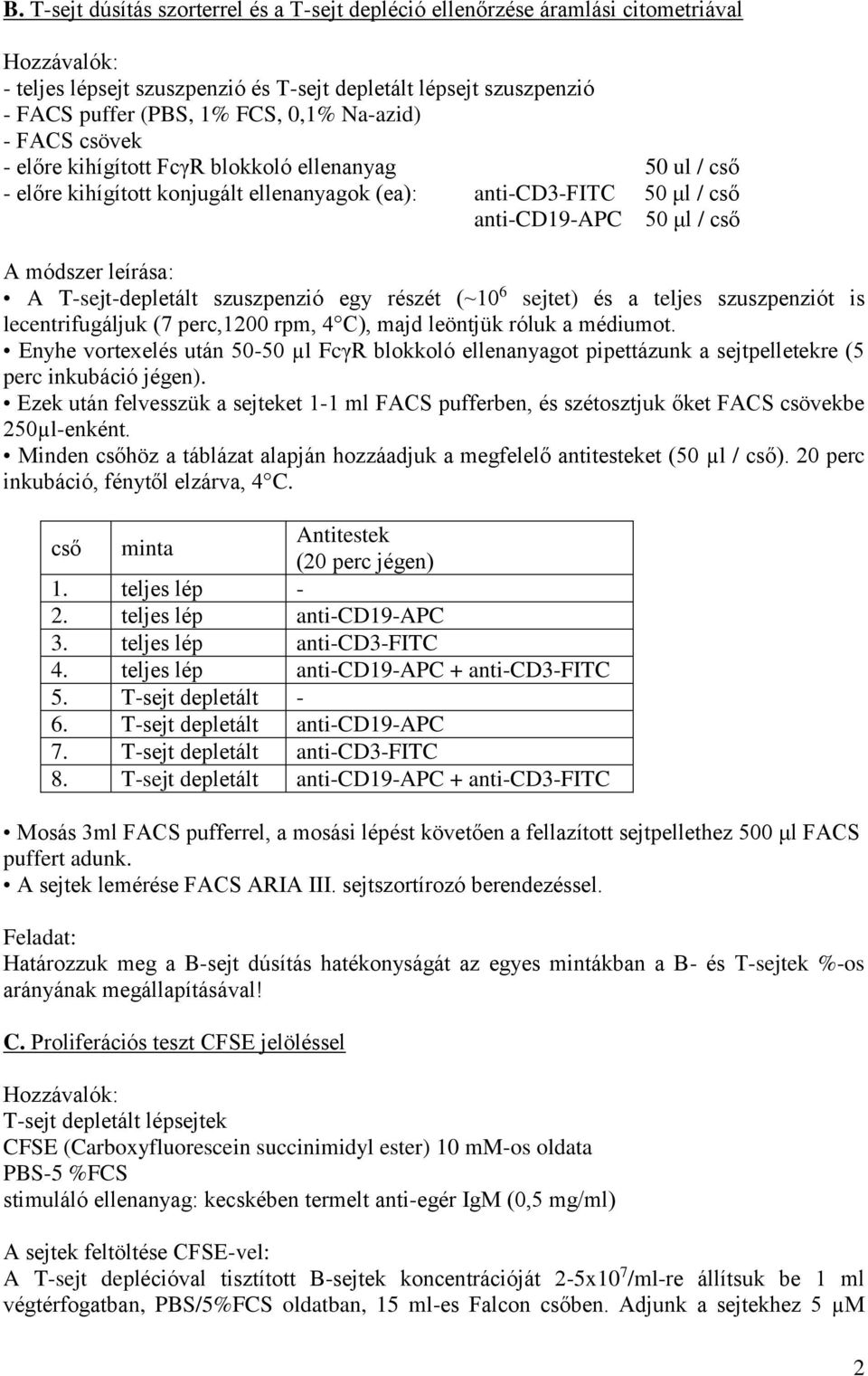 T-sejt-depletált szuszpenzió egy részét (~10 6 sejtet) és a teljes szuszpenziót is lecentrifugáljuk (7 perc,1200 rpm, 4 C), majd leöntjük róluk a médiumot.