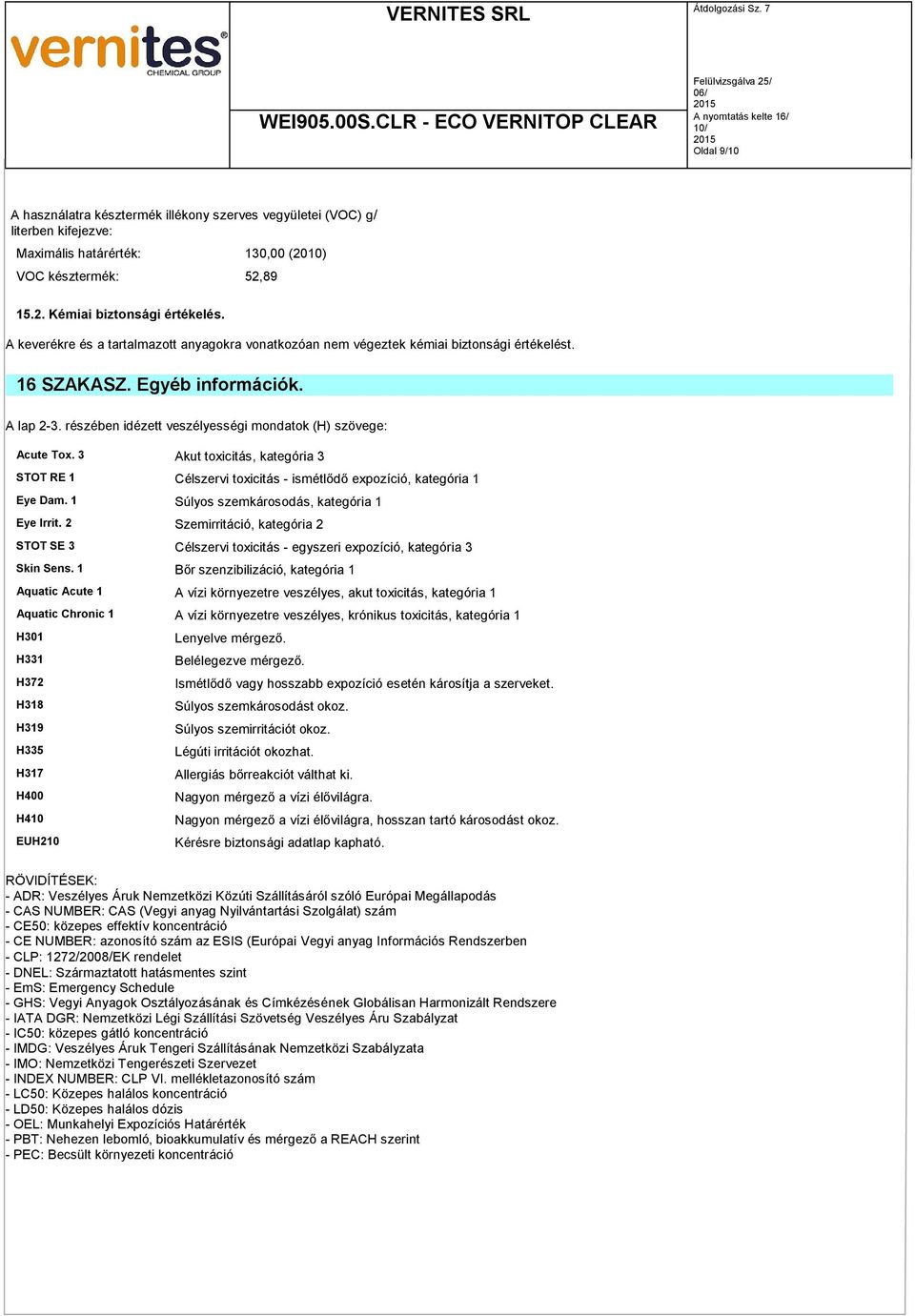 3 Akut toxicitás, kategória 3 STOT RE 1 Célszervi toxicitás - ismétlődő expozíció, kategória 1 Eye Dam. 1 Súlyos szemkárosodás, kategória 1 Eye Irrit.