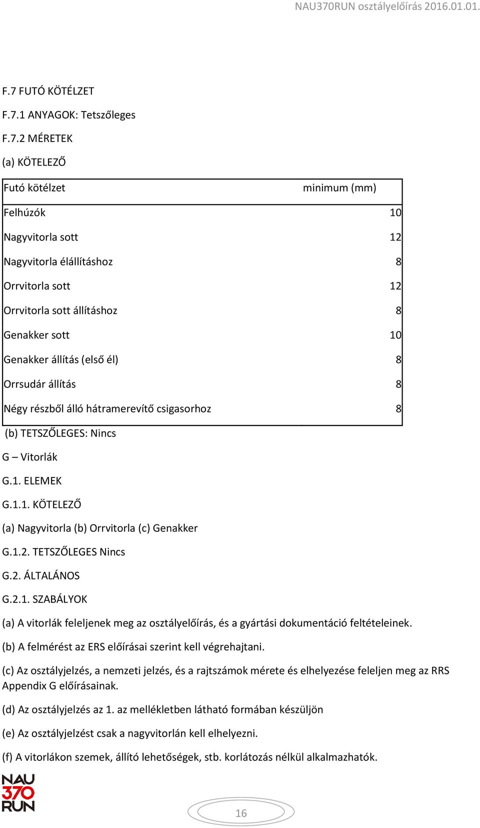 1.2. TETSZŐLEGES Nincs G.2. ÁLTALÁNOS G.2.1. SZABÁLYOK (a) A vitorlák feleljenek meg az osztályelőírás, és a gyártási dokumentáció feltételeinek.