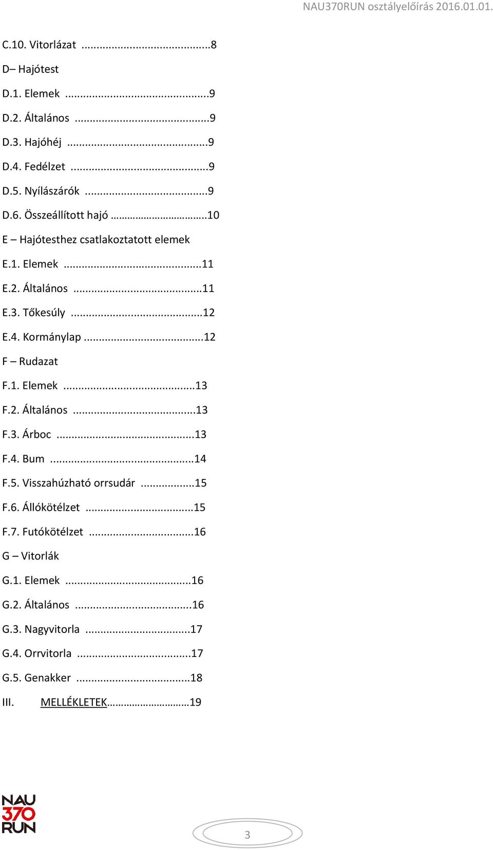 ..12 F Rudazat F.1. Elemek...13 F.2. Általános...13 F.3. Árboc...13 F.4. Bum...14 F.5. Visszahúzható orrsudár...15 F.6. Állókötélzet...15 F.7.