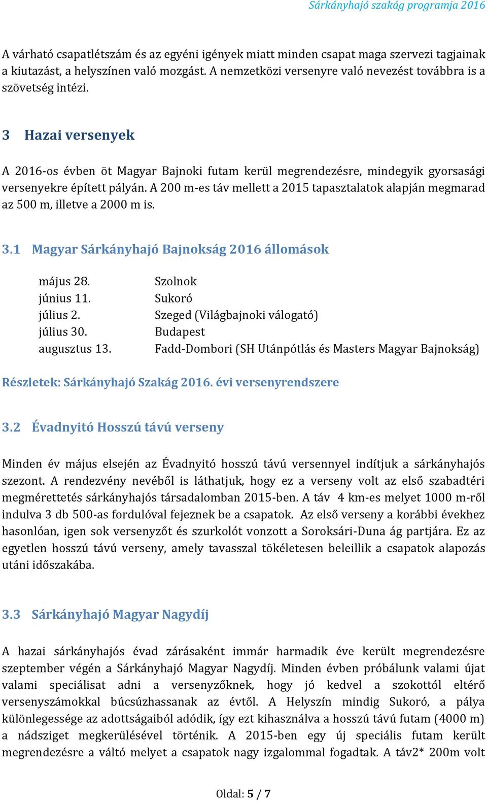 A 200 m-es táv mellett a 2015 tapasztalatok alapján megmarad az 500 m, illetve a 2000 m is. 3.1 Magyar Sárkányhajó Bajnokság 2016 állomások május 28. június 11. július 2. július 30. augusztus 13.