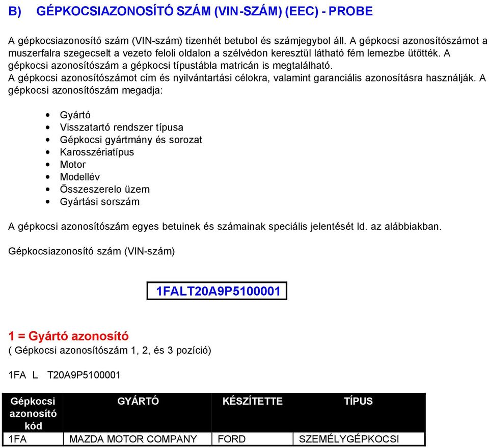 A gépkocsi azonosítószámot cím és nyilvántartási célokra, valamint garanciális azonosításra használják.