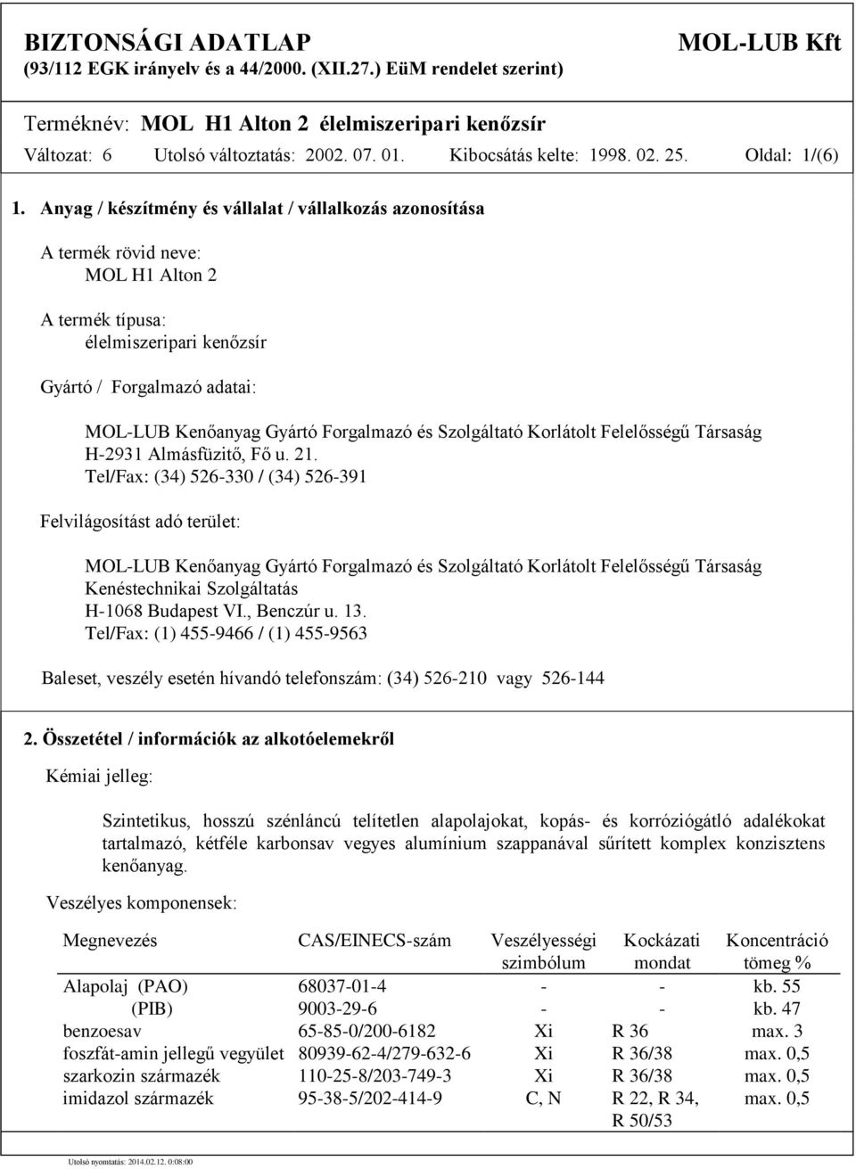 Anyag / készítmény és vállalat / vállalkozás azonosítása A termék rövid neve: MOL H1 Alton 2 A termék típusa: élelmiszeripari kenőzsír Gyártó / Forgalmazó adatai: MOLLUB Kenőanyag Gyártó Forgalmazó