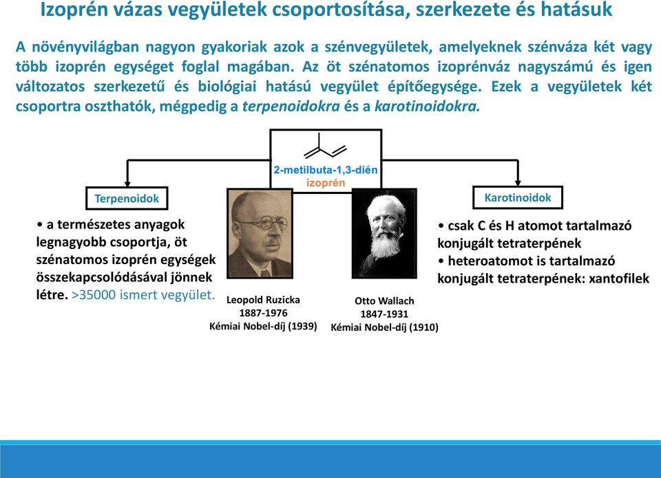 Ezek a vegyületek két csoportra oszthatók, mégpedig a terpenoidokra és a karotinoidokra.