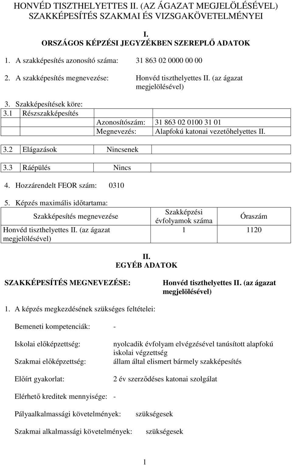 1 Részszakképesítés Azonosítószám: 31 863 02 0100 31 01 Megnevezés: Alapfokú katonai vezetőhelyettes II. 3.2 Elágazások Nincsenek 3.3 Ráépülés Nincs 4. Hozzárendelt FEOR szám: 0310 5.