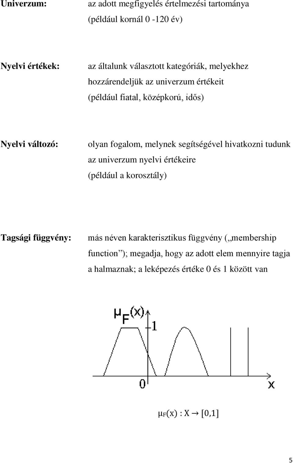 segítségével hivatkozni tudunk az univerzum nyelvi értékeire (például a korosztály) Tagsági függvény: más néven karakterisztikus