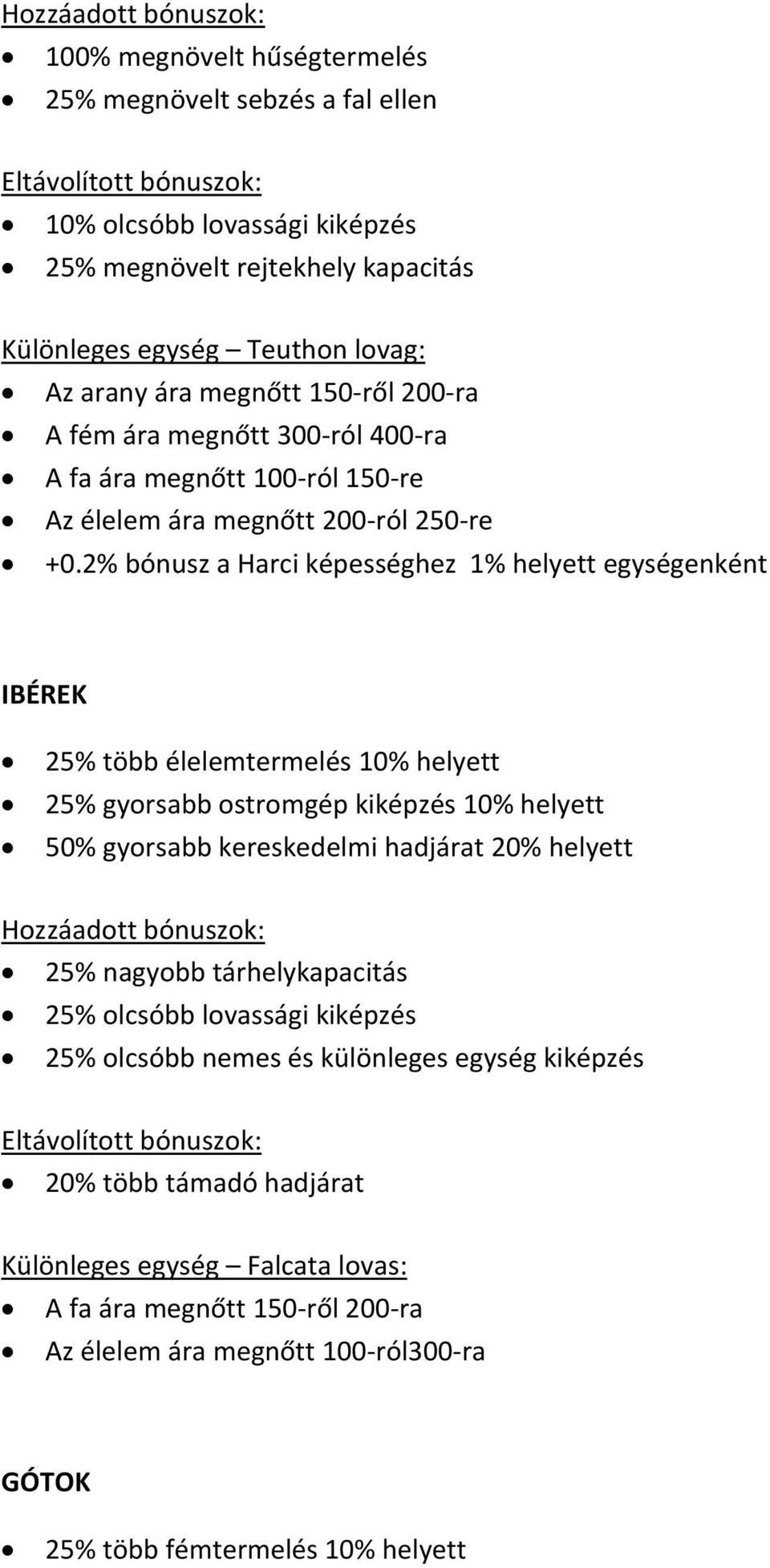 2% bónusz a Harci képességhez 1% helyett egységenként IBÉREK 25% több élelemtermelés 10% helyett 25% gyorsabb ostromgép kiképzés 10% helyett 50% gyorsabb kereskedelmi hadjárat 20% helyett