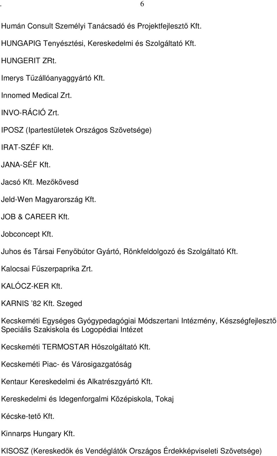 Juhos és Társai Fenyőbútor Gyártó, Rönkfeldolgozó és Szolgáltató Kft. Kalocsai Fűszerpaprika Zrt. KALÓCZ-KER Kft. KARNIS 82 Kft.