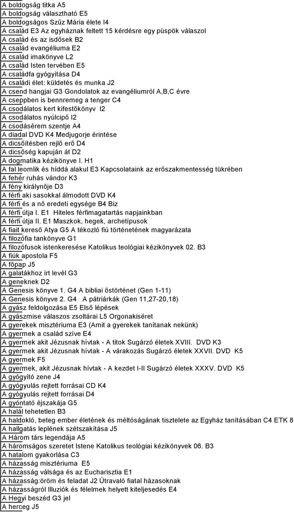 C4 A csodálatos kert kifestőkönyv I2 A csodálatos nyúlcipő I2 A csodásérem szentje A4 A diadal DVD K4 Medjugorje érintése A dicsőítésben rejlő erő D4 A dicsőség kapuján át D2 A dogmatika kézikönyve I.