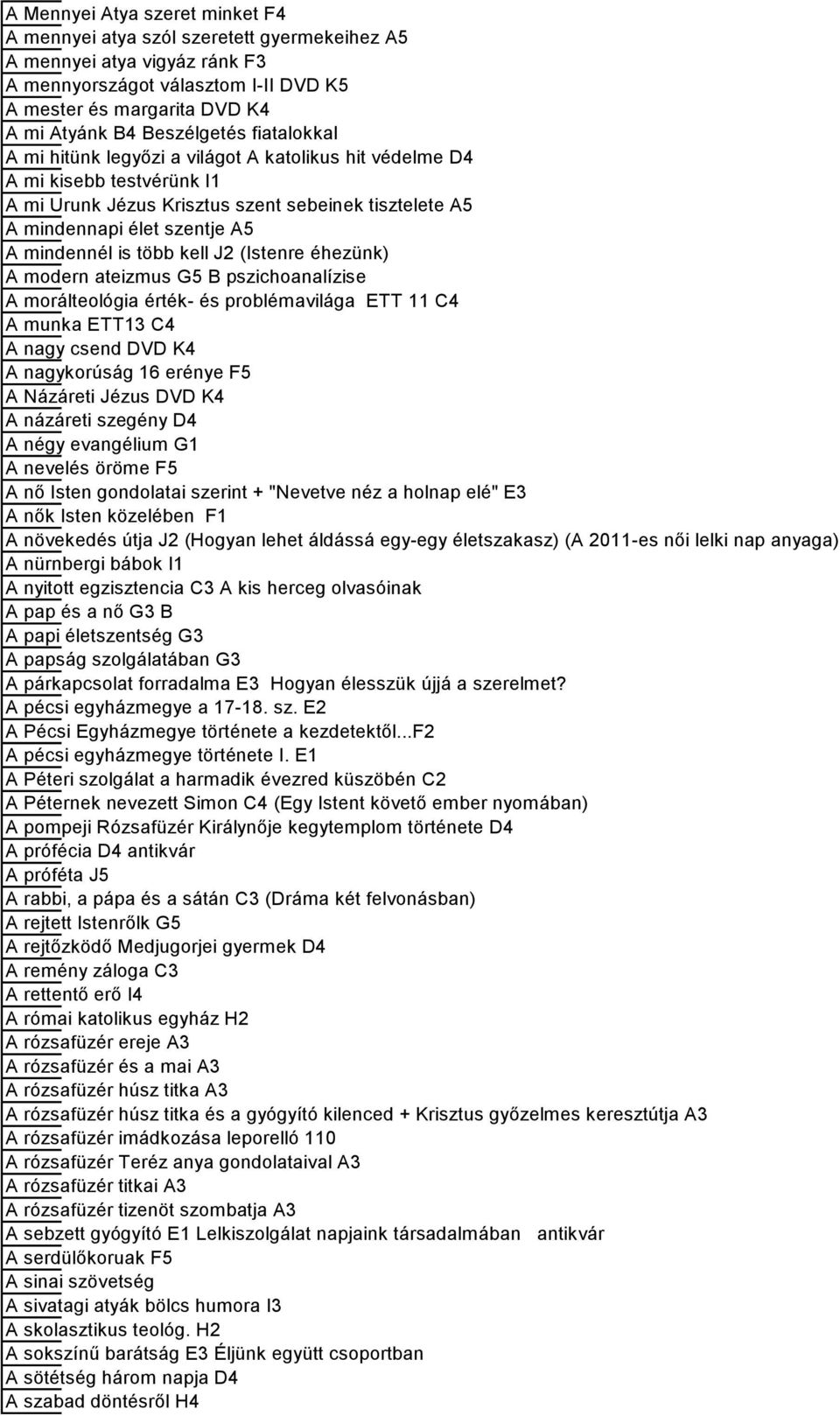 mindennél is több kell J2 (Istenre éhezünk) A modern ateizmus G5 B pszichoanalízise A morálteológia érték- és problémavilága ETT 11 C4 A munka ETT13 C4 A nagy csend DVD K4 A nagykorúság 16 erénye F5