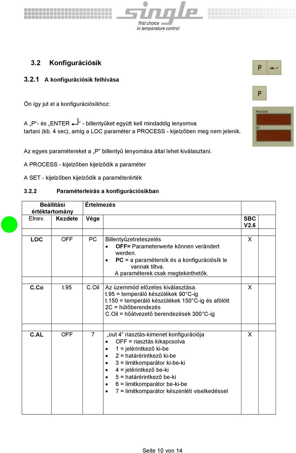 A PROCESS - kijelzőben kijelződik a paraméter A SET - kijelzőben kijelződik a paraméterérték 3.2.2 Paraméterleírás a konfigurációsíkban Beállítási Értelmezés értéktartomány Elnev. Kezdete Vége SBC V2.