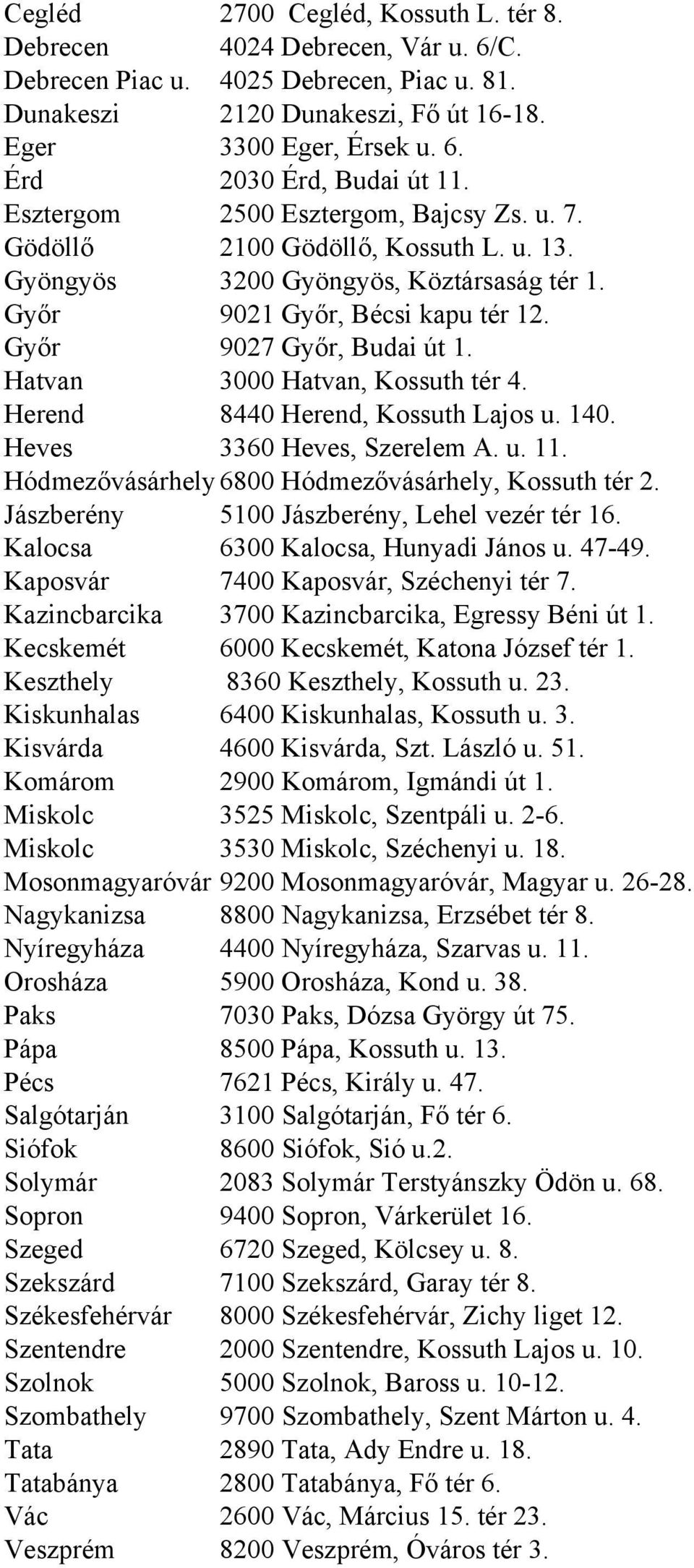 Hatvan 3000 Hatvan, Kossuth tér 4. Herend 8440 Herend, Kossuth Lajos u. 140. Heves 3360 Heves, Szerelem A. u. 11. Hódmezővásárhely 6800 Hódmezővásárhely, Kossuth tér 2.