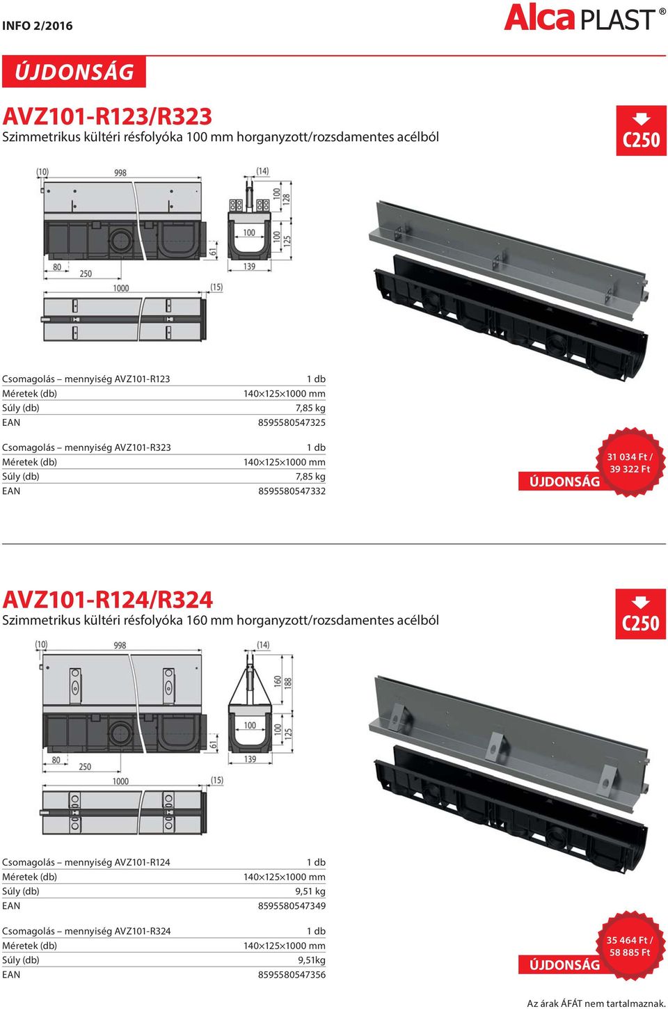 AVZ101-R124/R324 Szimmetrikus kültéri résfolyóka 160 mm horganyzott/rozsdamentes acélból Csomagolás mennyiség AVZ101-R124 140 125 1000 mm