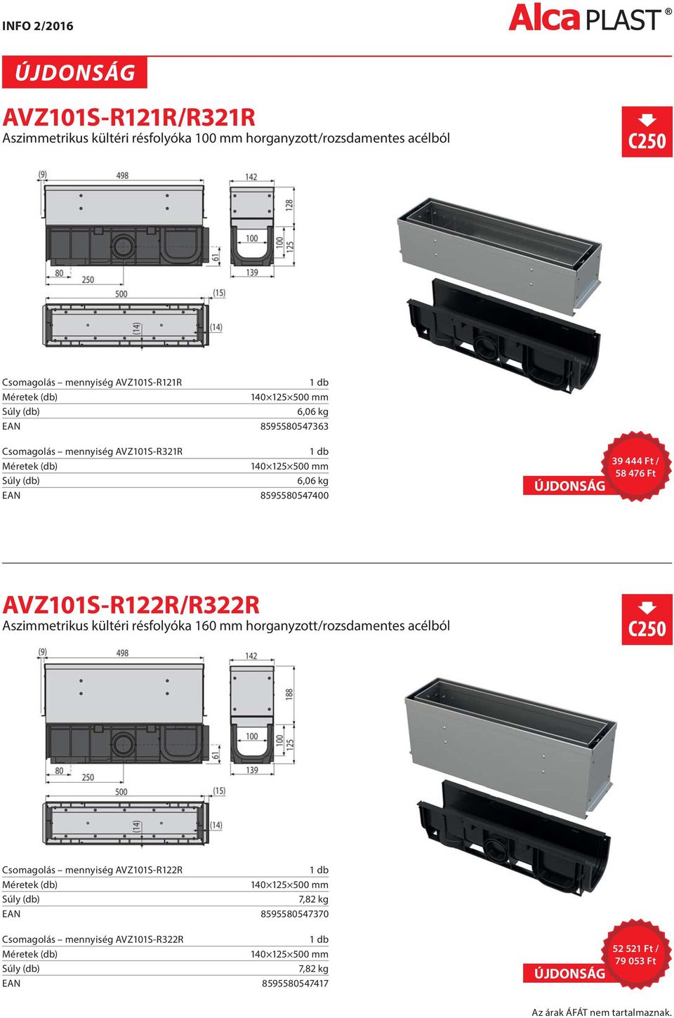 AVZ101S-R122R/R322R Aszimmetrikus kültéri résfolyóka 160 mm horganyzott/rozsdamentes acélból Csomagolás mennyiség AVZ101S-R122R 140 125 500