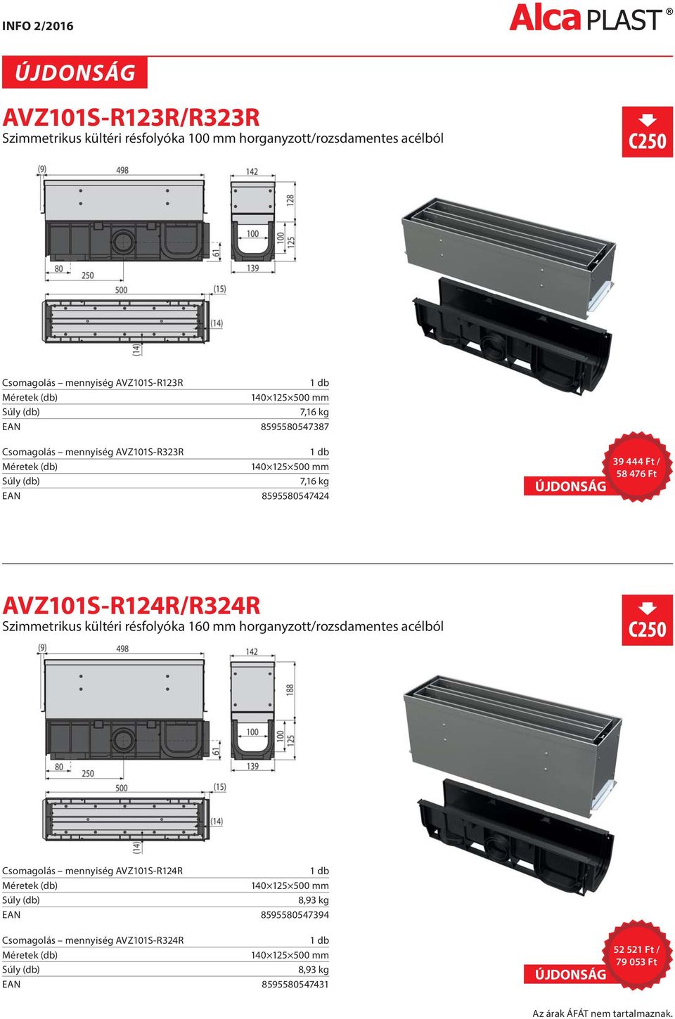 AVZ101S-R124R/R324R Szimmetrikus kültéri résfolyóka 160 mm horganyzott/rozsdamentes acélból Csomagolás mennyiség AVZ101S-R124R 140 125 500