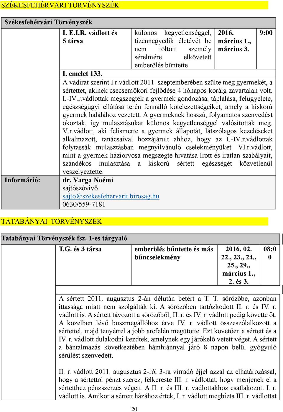 szeptemberében szülte meg gyermekét, a sértettet, akinek csecsemőkori fejlődése 4 hónapos koráig zavartalan volt. I.-IV.r.vádlottak megszegték a gyermek gondozása, táplálása, felügyelete, egészségügyi ellátása terén fennálló kötelezettségeiket, amely a kiskorú gyermek halálához vezetett.