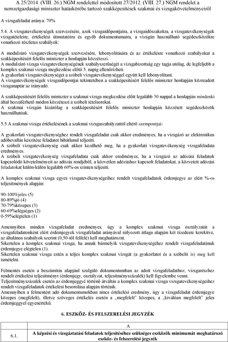 segédeszközökre vonatkozó részletes szabályok: A modulzáró vizsgatevékenységek szervezésére, lebonyolítására és az értékelésre vonatkozó szabályokat a szakképesítésért felelős miniszter a honlapján