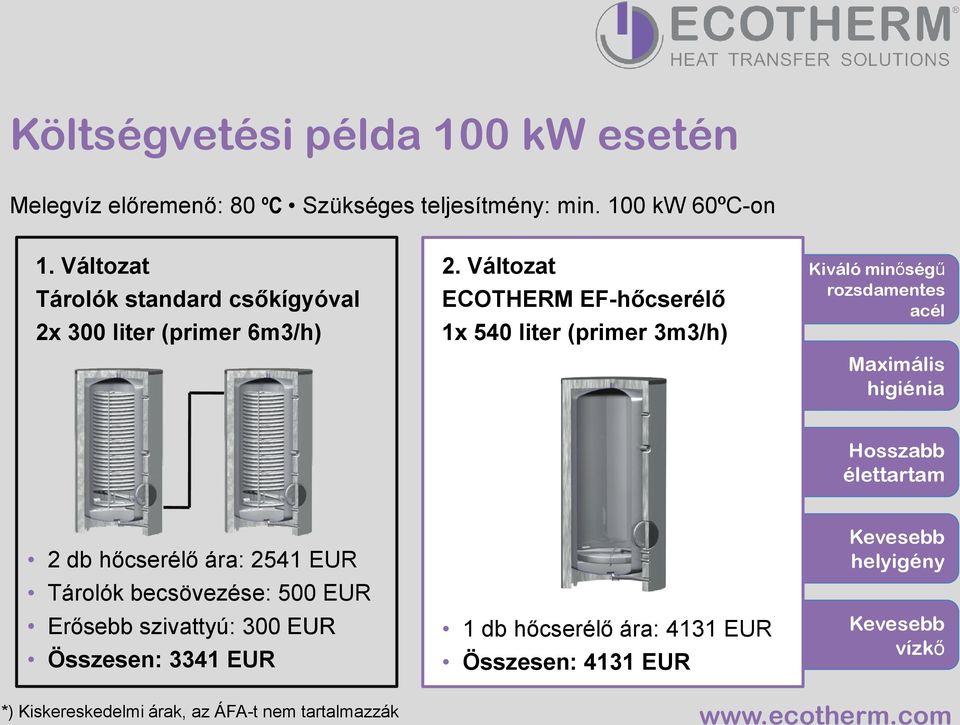 Változat ECOTHERM EF-hőcserélő 1x 540 liter (primer 3m3/h) Kiváló minőségű rozsdamentes acél Maximális higiénia Hosszabb élettartam 2