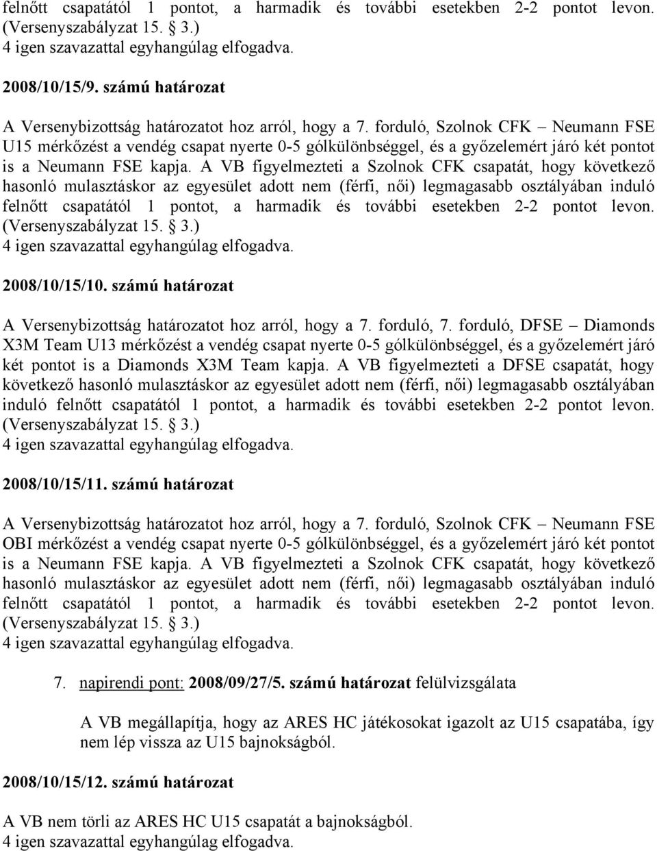 A VB figyelmezteti a Szolnok CFK csapatát, hogy következő felnőtt csapatától 1 pontot, a harmadik és további esetekben 2-2 pontot levon. 2008/10/15/10.