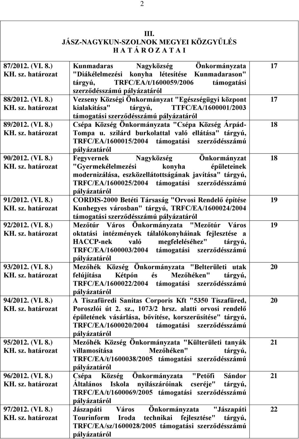 szerződésszámú pályázatáról Vezseny Községi Önkormányzat "Egészségügyi központ kialakítása" tárgyú, TTFC/EA/1600001/2003 támogatási szerződésszámú pályázatáról Csépa Község Önkormányzata "Csépa