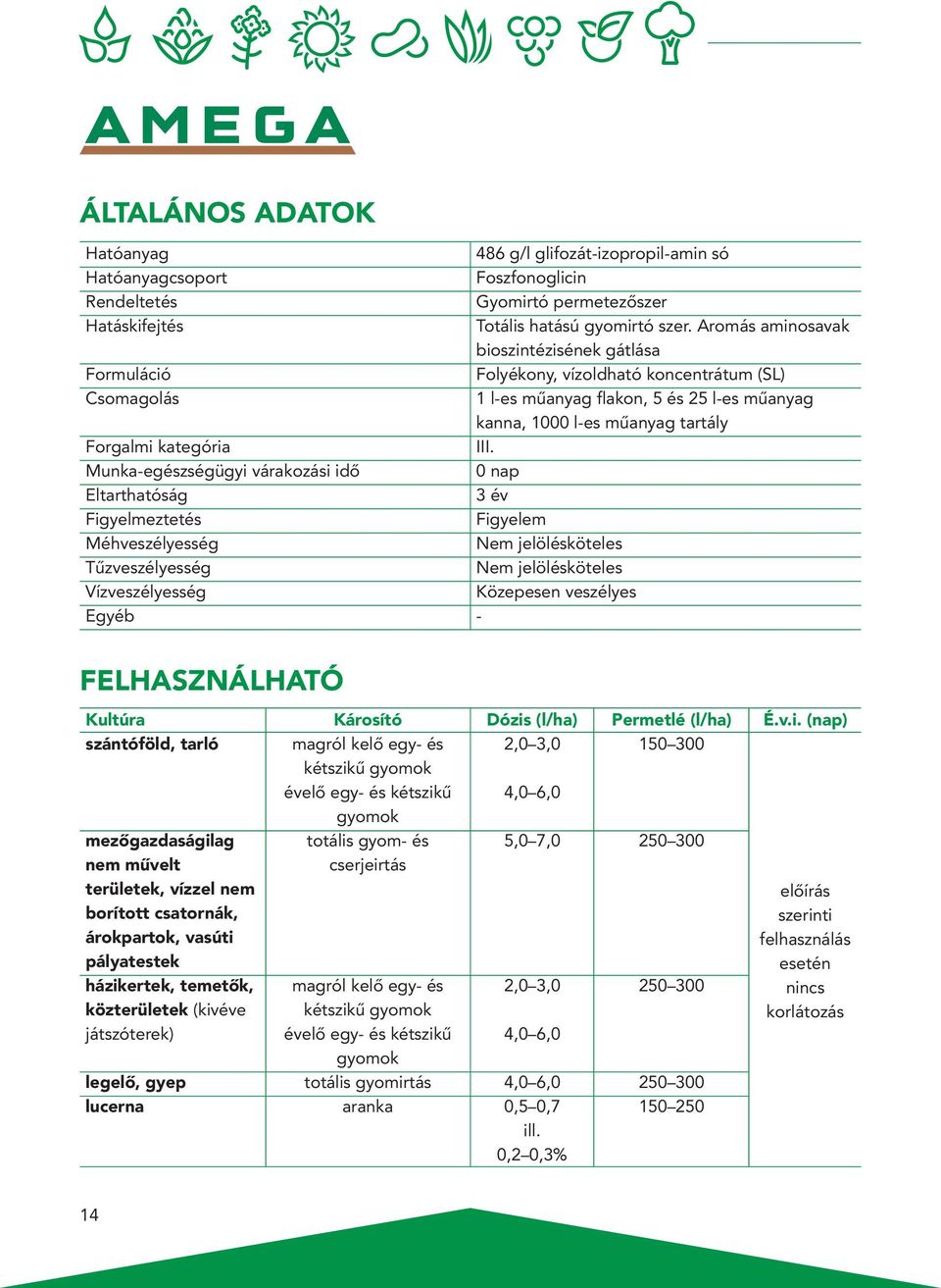 Aromás aminosavak bioszintézisének gátlása Folyékony, vízoldható koncentrátum (SL) 1 l-es mûanyag flakon, 5 és 25 l-es mûanyag kanna, 1000 l-es mûanyag tartály III.