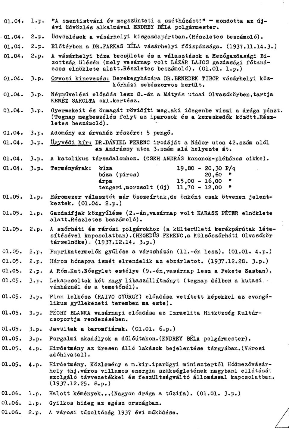 részletes beszámoló). (01.01. l.p.) 01.04. 3.p. Orvosi kinevezés; Derekegyházára DR.BENEDEK TIBOR vásárhelyi közkórházi sebészorvos került. 01.04. 3.p. Népművelési előadás lesz 8.