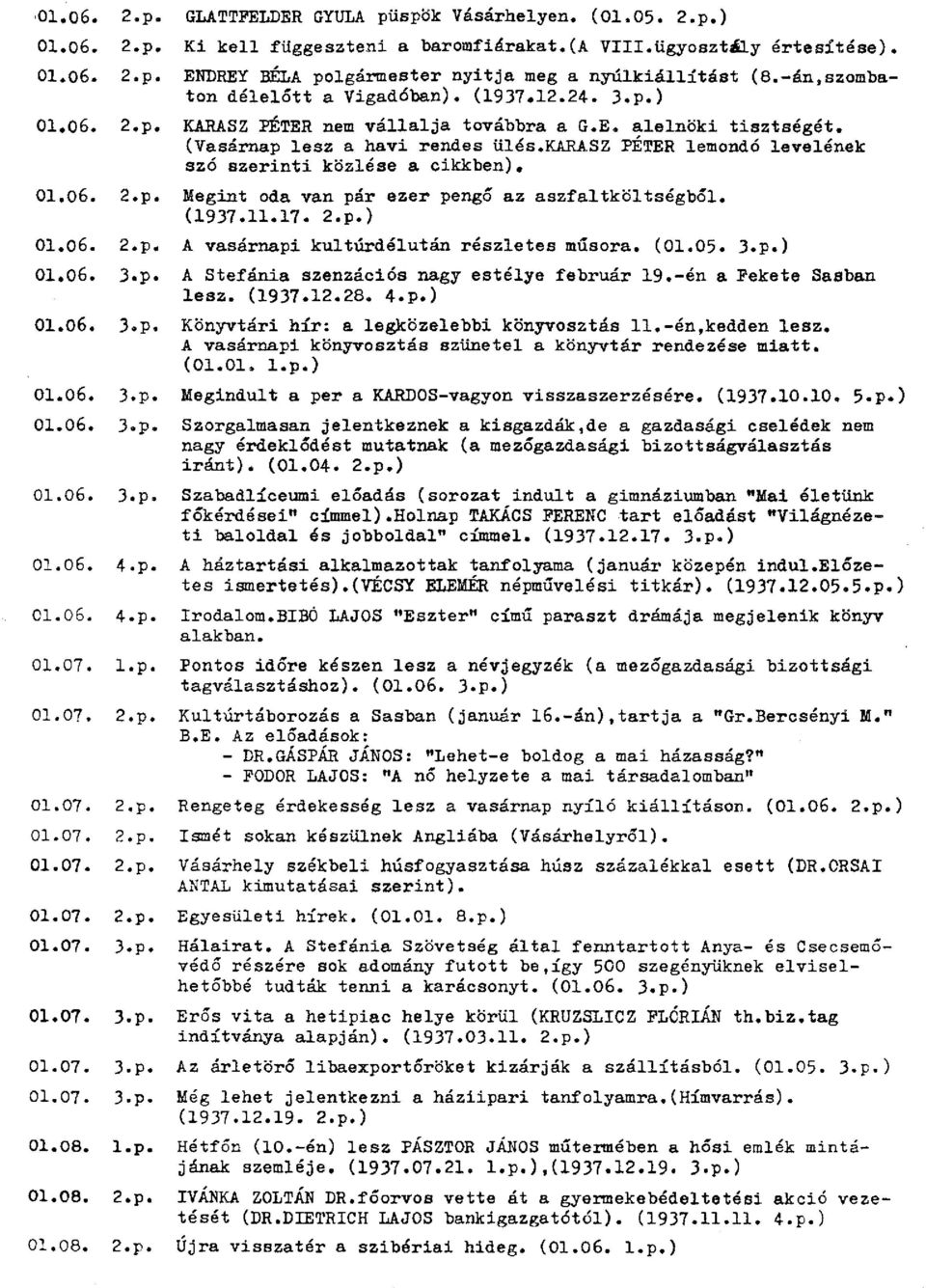 karasz PÉTER lemondó levelének szó szerinti közlése a cikkben). 01.06. 2.p. Megint oda van pár ezer pengő az aszfaltköltségből. (1937.11.17. 2.p.) 01.06. 2.p. A vasárnapi kultúrdélután részletes műsora.