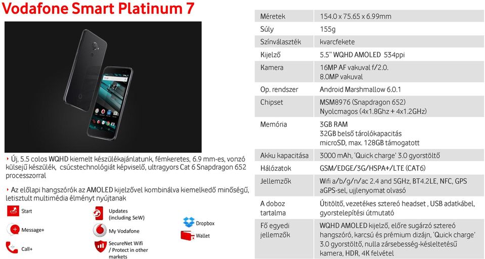 multimédia élményt nyújtanak Start Message+ Call+ Updates (including SeW) My Vodafone SecureNet Wifi / Protect in other markets Dropbox Wallet Méretek Súly Színválaszték 154.0 x 75.65 x 6.