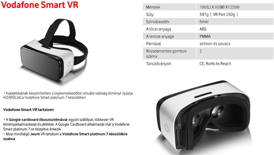 a Vodafone Smart platinum 7 készüléken Vodafone Smart VR tartalom A Google cardboard ökoszisztémával együtt szállítjuk, többezer VR élményalkalmazással és