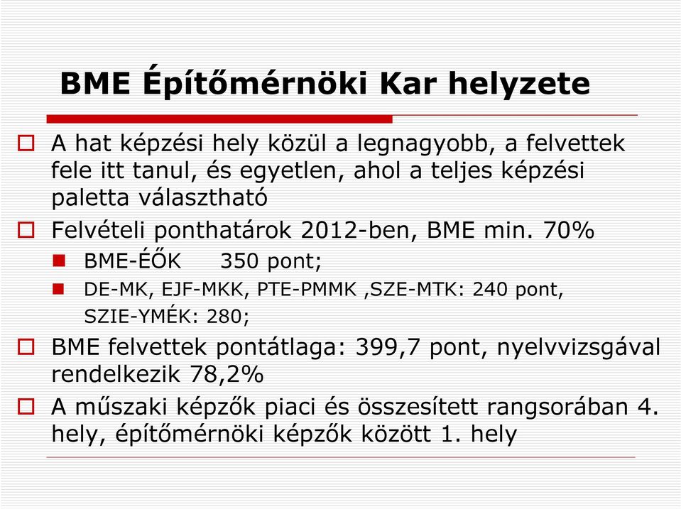 70% BME-ÉŐK 350 pont; DE-MK, EJF-MKK, PTE-PMMK,SZE-MTK: 240 pont, SZIE-YMÉK: 280; BME felvettek pontátlaga: