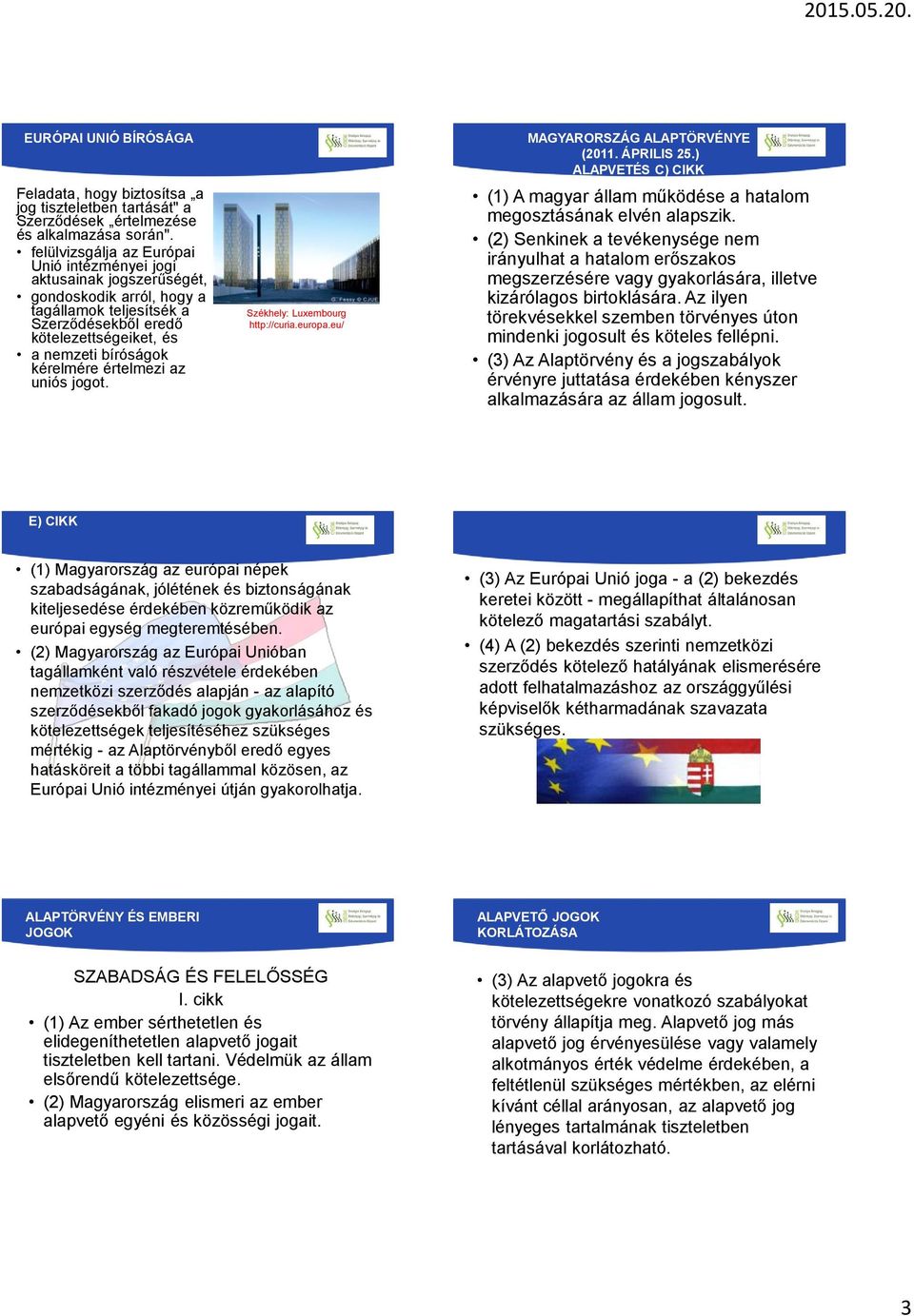 értelmezi az uniós jogot. Székhely: Luxembourg http://curia.europa.eu/ MAGYARORSZÁG ALAPTÖRVÉNYE (2011. ÁPRILIS 25.