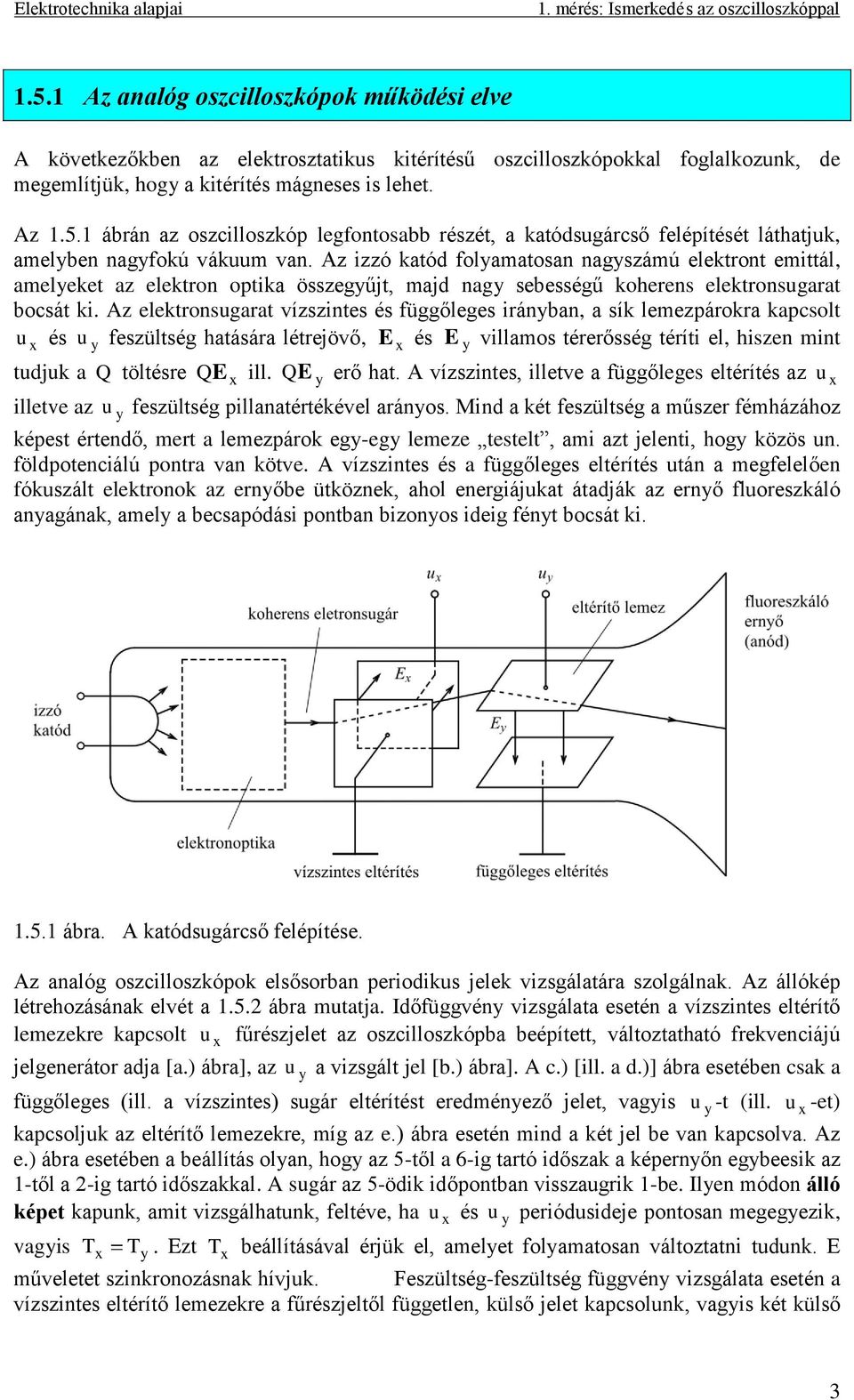 Az elektronsugarat vízszintes és függőleges irányban, a sík lemezpárokra kapcsolt u és u feszültség hatására létrejövő, E és E villamos térerősség téríti el, hiszen mint x y x tudjuk a Q töltésre QE