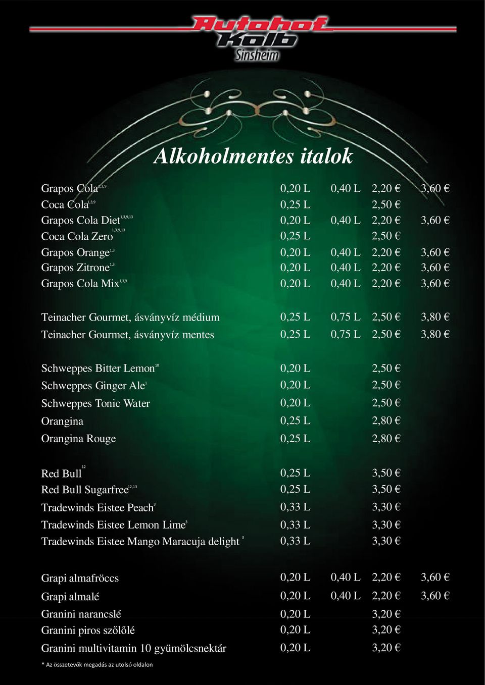 mentes 0,25 L 0,75 L 2,50 3,80 Schweppes Bitter Lemon 10 0,20 L 2,50 Schweppes GingerAle 1 0,20 L 2,50 Schweppes Tonic Water 0,20 L 2,50 Orangina 0,25 L 2,80 Orangina Rouge 0,25 L 2,80 12 RedBull