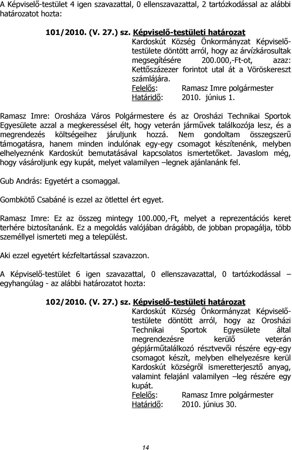 000,-Ft-ot, azaz: Kettőszázezer forintot utal át a Vöröskereszt számlájára. Felelős: Ramasz Imre polgármester Határidő: 2010. június 1.