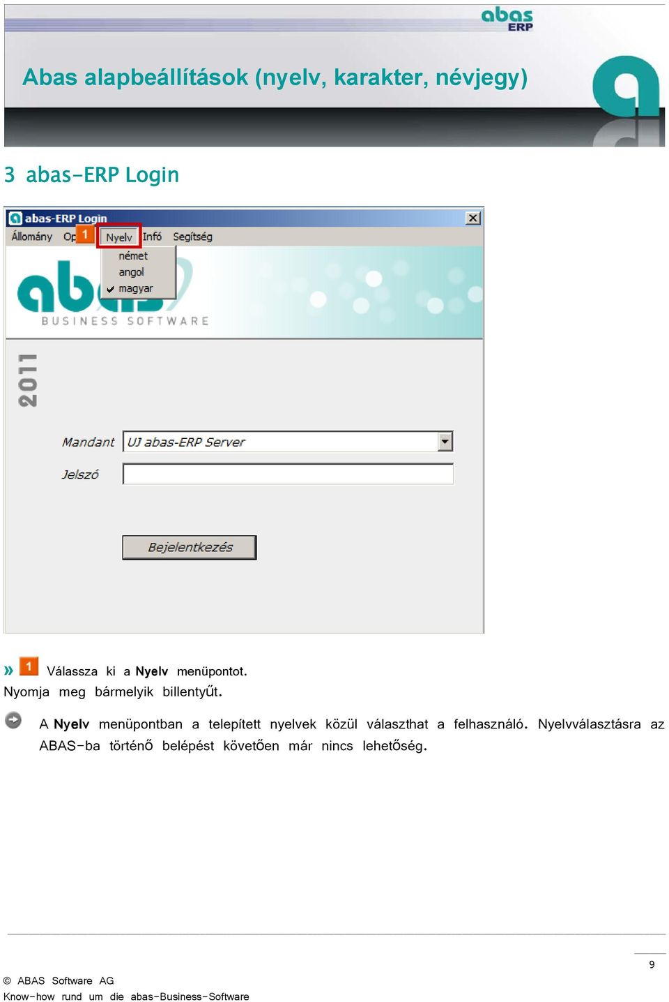 A Nyelv menüpontban a telepített nyelvek közül választhat