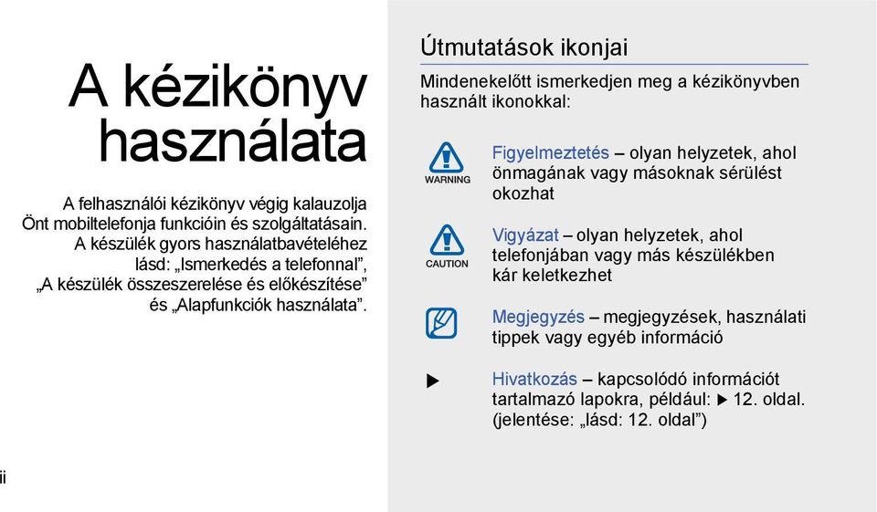 Útmutatások ikonjai Mindenekelőtt ismerkedjen meg a kézikönyvben használt ikonokkal: Figyelmeztetés olyan helyzetek, ahol önmagának vagy másoknak sérülést okozhat