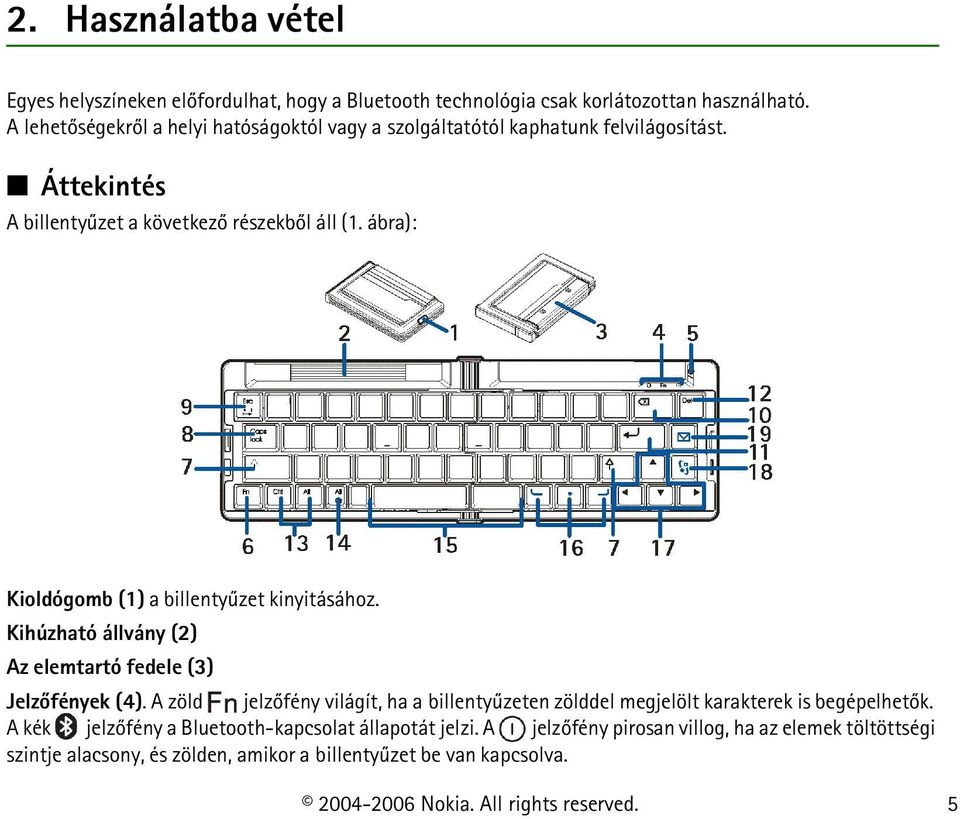 ábra): Kioldógomb (1) a billentyûzet kinyitásához. Kihúzható állvány (2) Az elemtartó fedele (3) Jelzõfények (4).