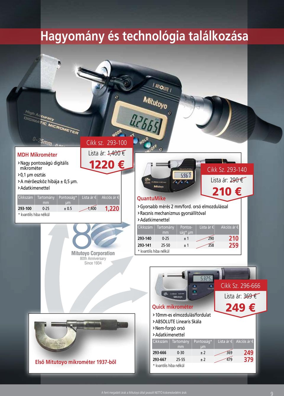 orsó elmozdulással Racsnis mechanizmus gyorsállítóval Adatkimenettel Pontos- ság* µm 293-140 0-25 ± 1 290 210 293-141 25-50 ± 1 358 259 Első Mitutoyo mikrométer