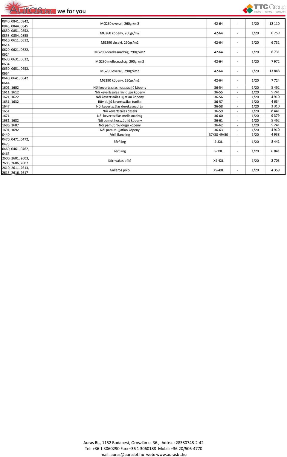 overall, 290gr/m2 42-64 - 1/20 13 848 0640, 0641, 0642 0644 MG290 köpeny, 290gr/m2 42-64 - 1/20 7 724 1601, 1602 Női kevertszálas hosszúujjú köpeny 36-54 - 1/20 5 462 1611, 1612 Női kevertszálas