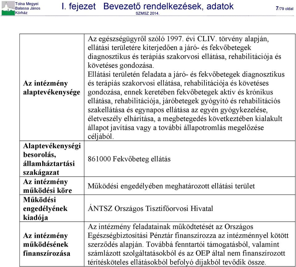 törvény alapján, ellátási területére kiterjedően a járó- és fekvőbetegek diagnosztikus és terápiás szakorvosi ellátása, rehabilitációja és követéses gondozása.